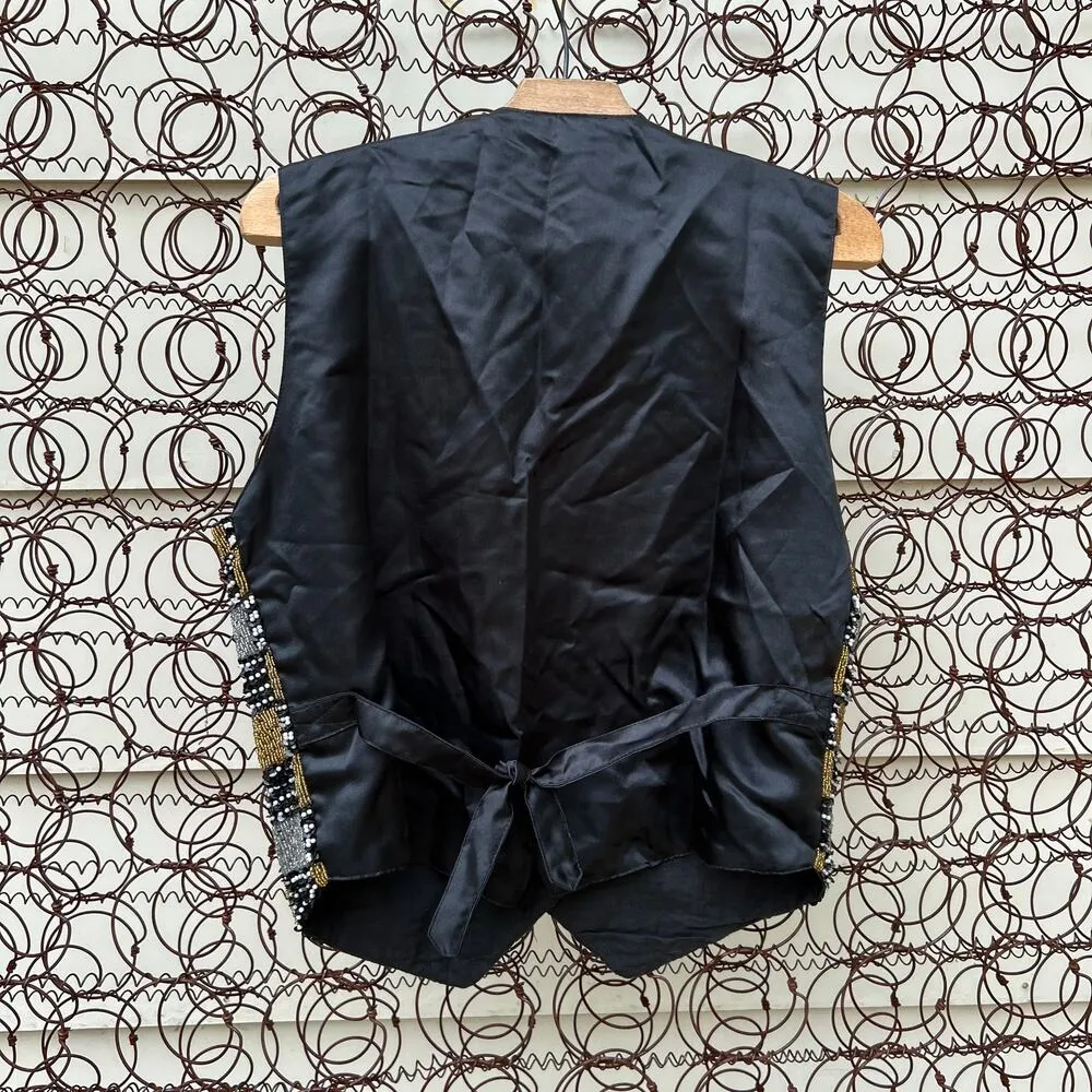 Vintage 80s Effect beaded sequin checkerboard vest gold silver black MEDIUM - Image 4