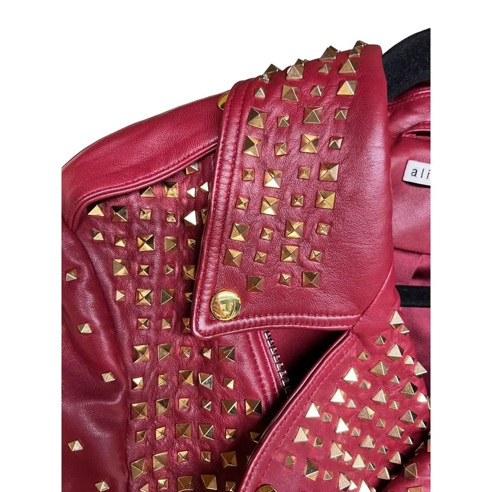 Alice + Olivia Krishna Leather Cropped Moto Jacket Bordeaux Women’s Size XL - Image 4