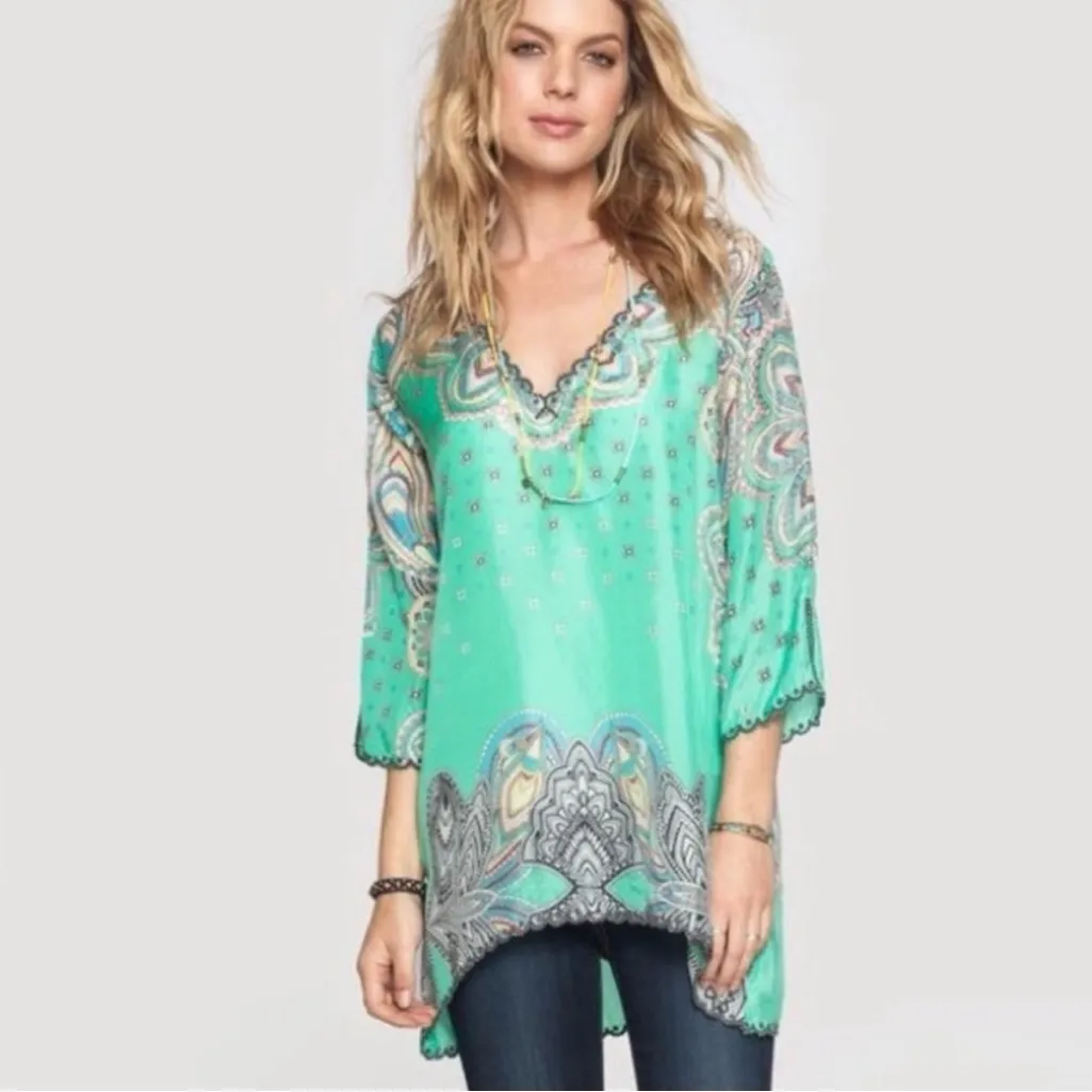 Johnny Was Green Silk Printed Tunic Blouse Size XXL - Image 3