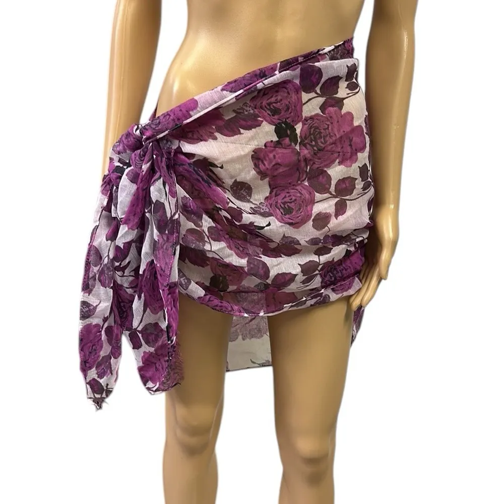 Purple Floral Semi Sheer Long Scarf Wrap Sarong Cover Up 71 x 22.5 inches - Image 2