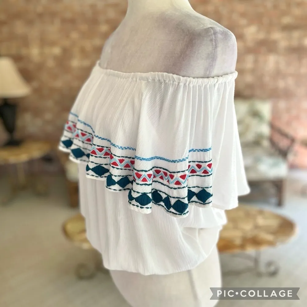Piper Anthropologie Top White Off the Shoulder Embroidered Gauze XS Boho Blouson - Image 8