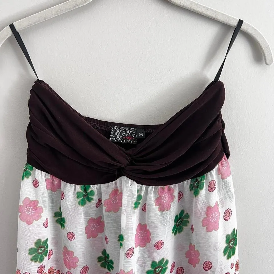 BROWN‎ STRAPLESS BANDEAU FLORAL SHEER FLOWY TOP Brown Size M - Image 3