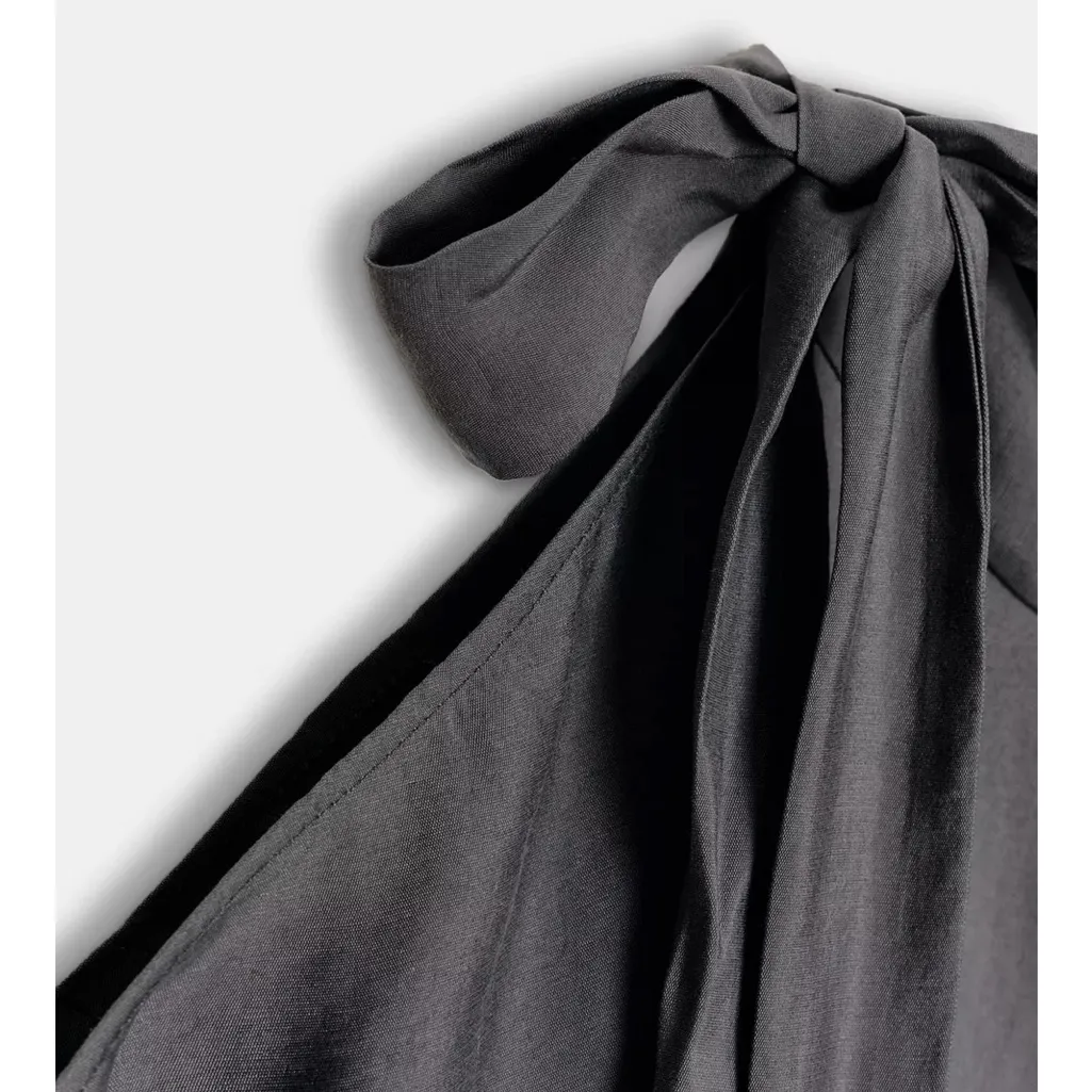 Zara NWT gray cinched waist asymmetrical bow tie cold shouldering sleeve blouse - Image 9