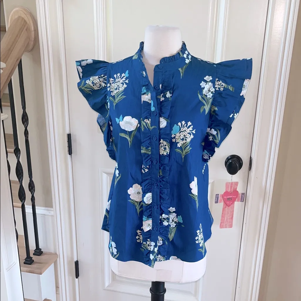 Sugarlips Avara Anita Top Blue Cotton Floral Blouse Flutter Sleeve New - Image 3