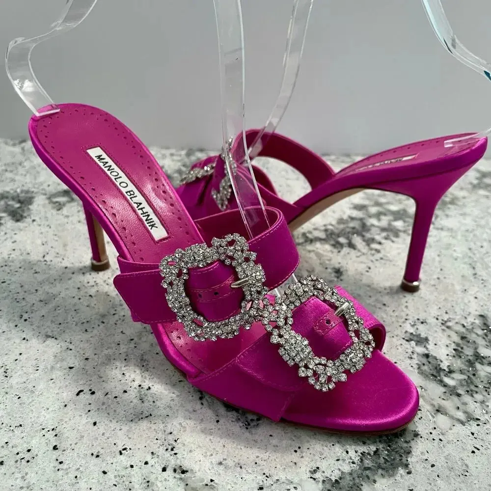Manolo Blahnik Mulussanhan Mules Sandals Satin Crystal Buckle Pink Size 38.5 - Image 2