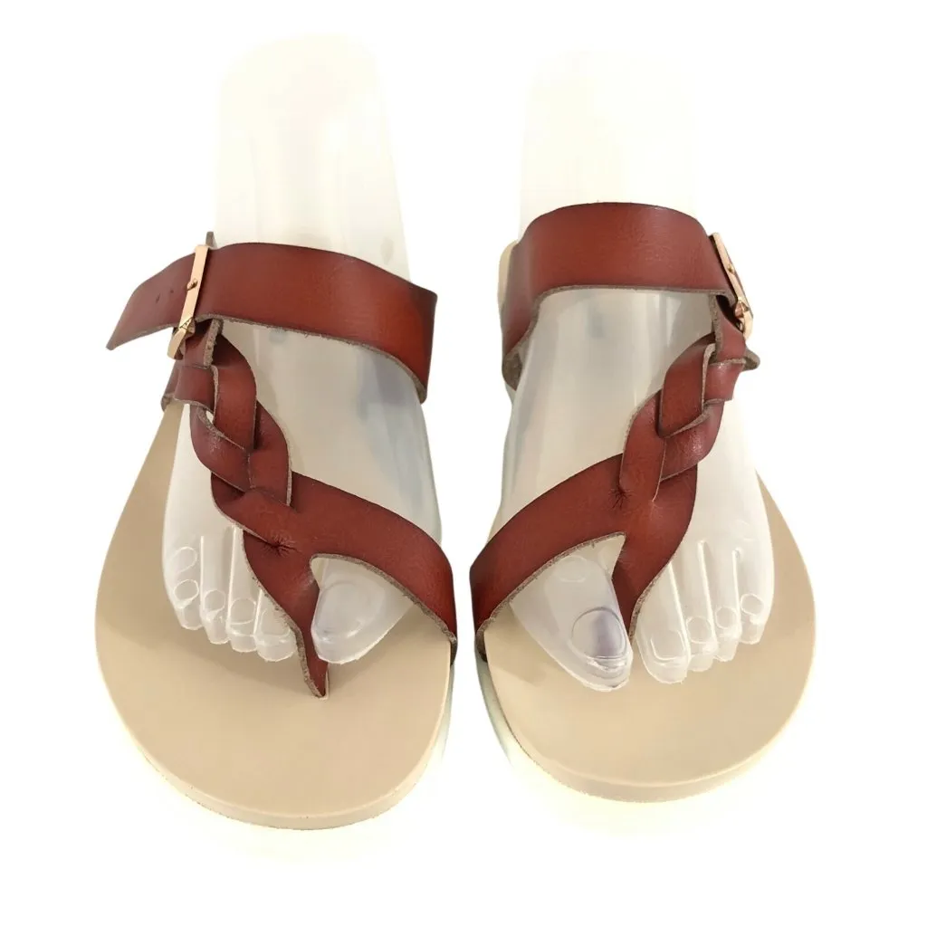 Kunsto Womens Sandals Strappy Braided Faux Leather Slides Thong Brown 42 US 10 - Image 2