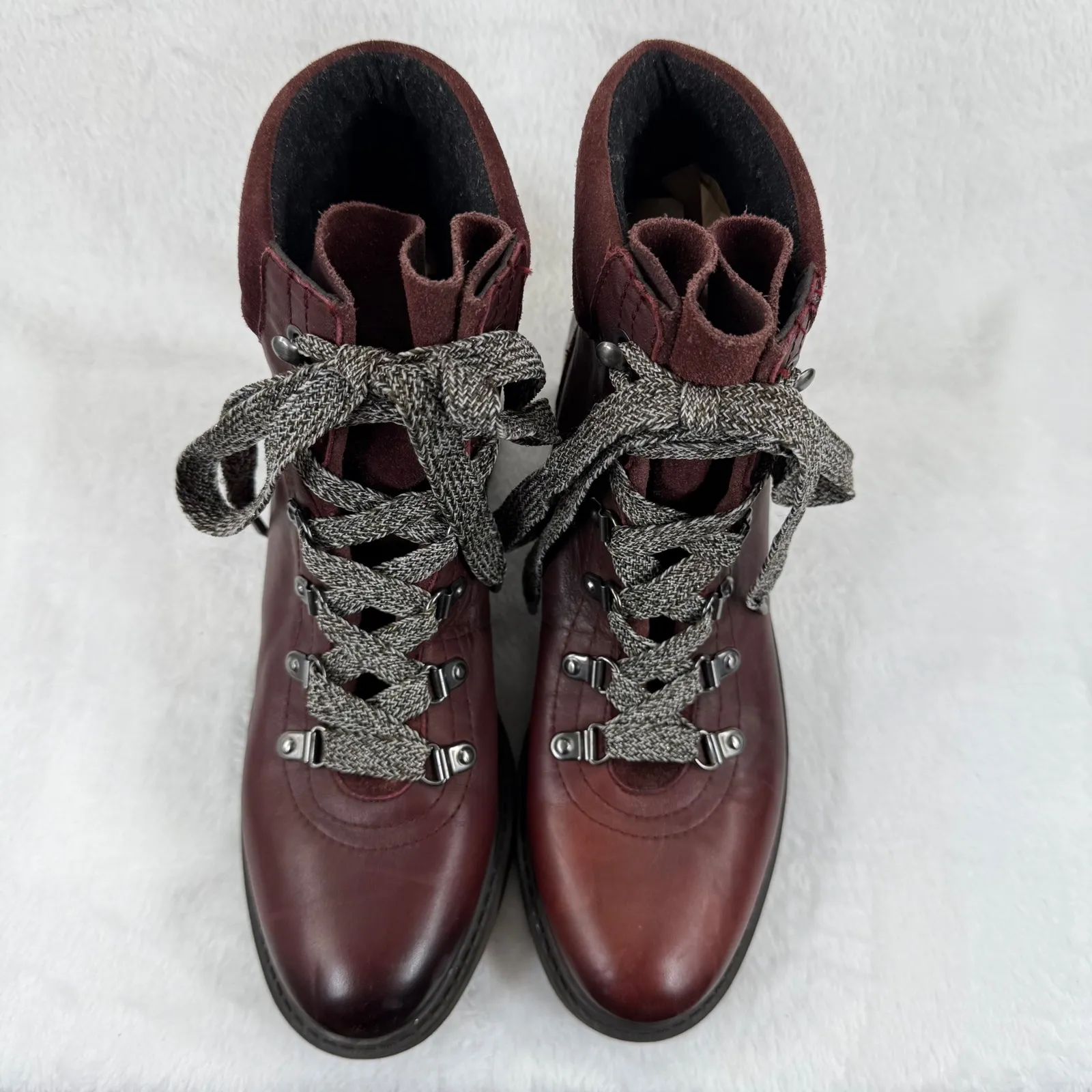 Burgundy‎ Leather Ankle Boots Women's Lace Up Heeled Booties Hiker Style Size 9 - Image 2