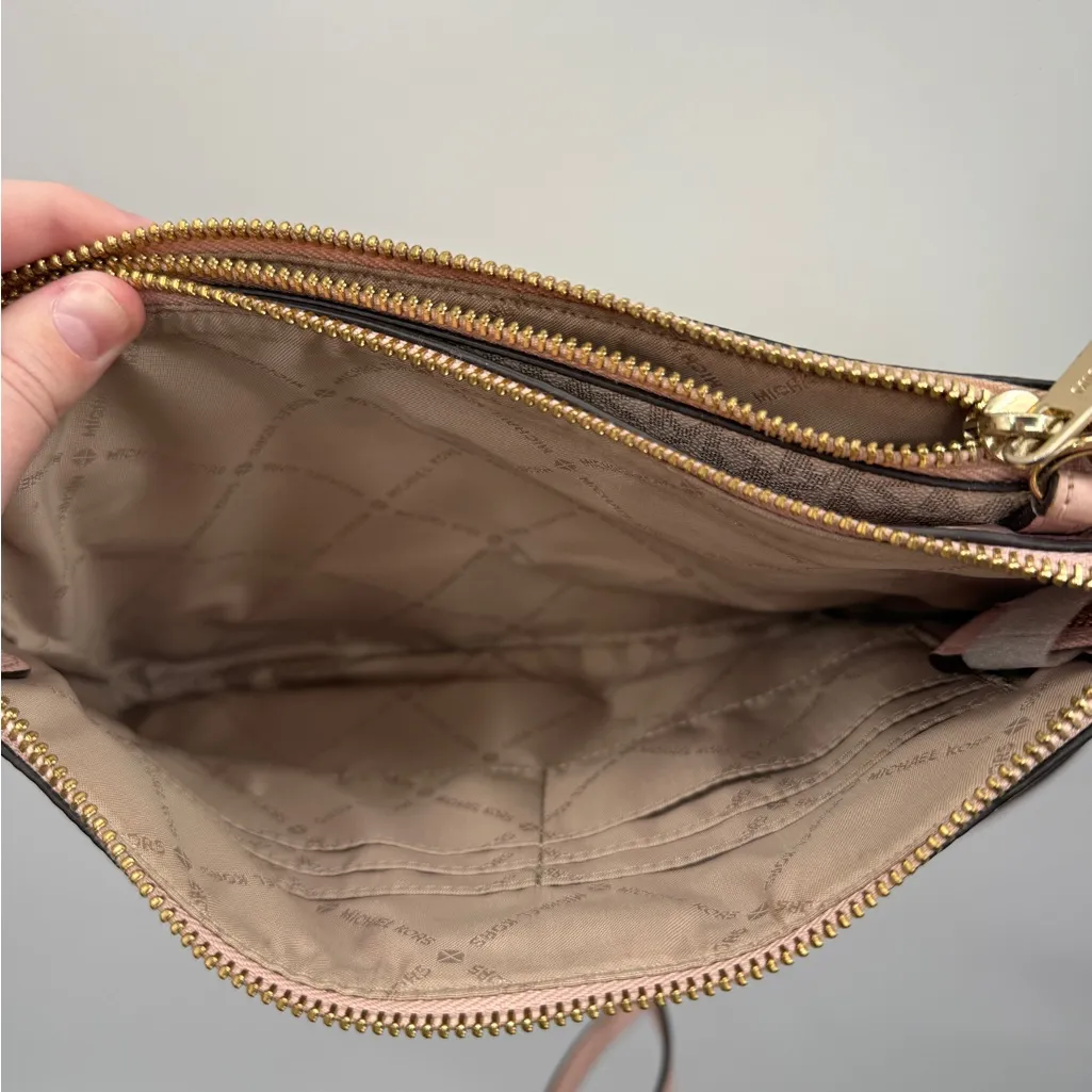 Michael Kors Trisha Medium Pebbled Leather Pink Cream Logo Print‎ Crossbody Bag - Image 11