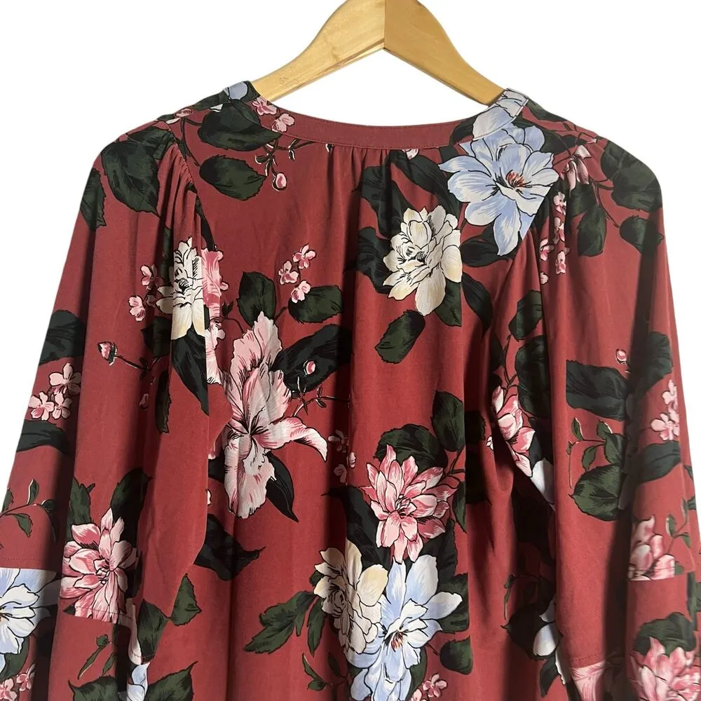 Banana Republic Red Floral Print 3/4 Long Sleeve Split V-Neck Popover Blouse XS - Image 7