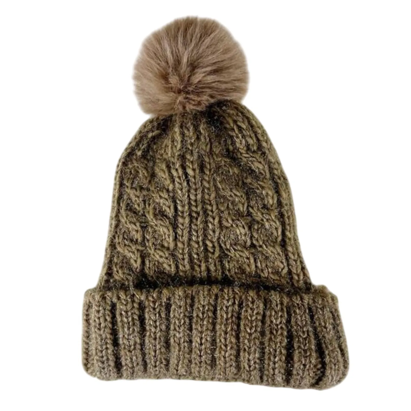 Womens Cable Knit Pom Beanie One Size Brown Cozy Winter Cold Weather - Image 2