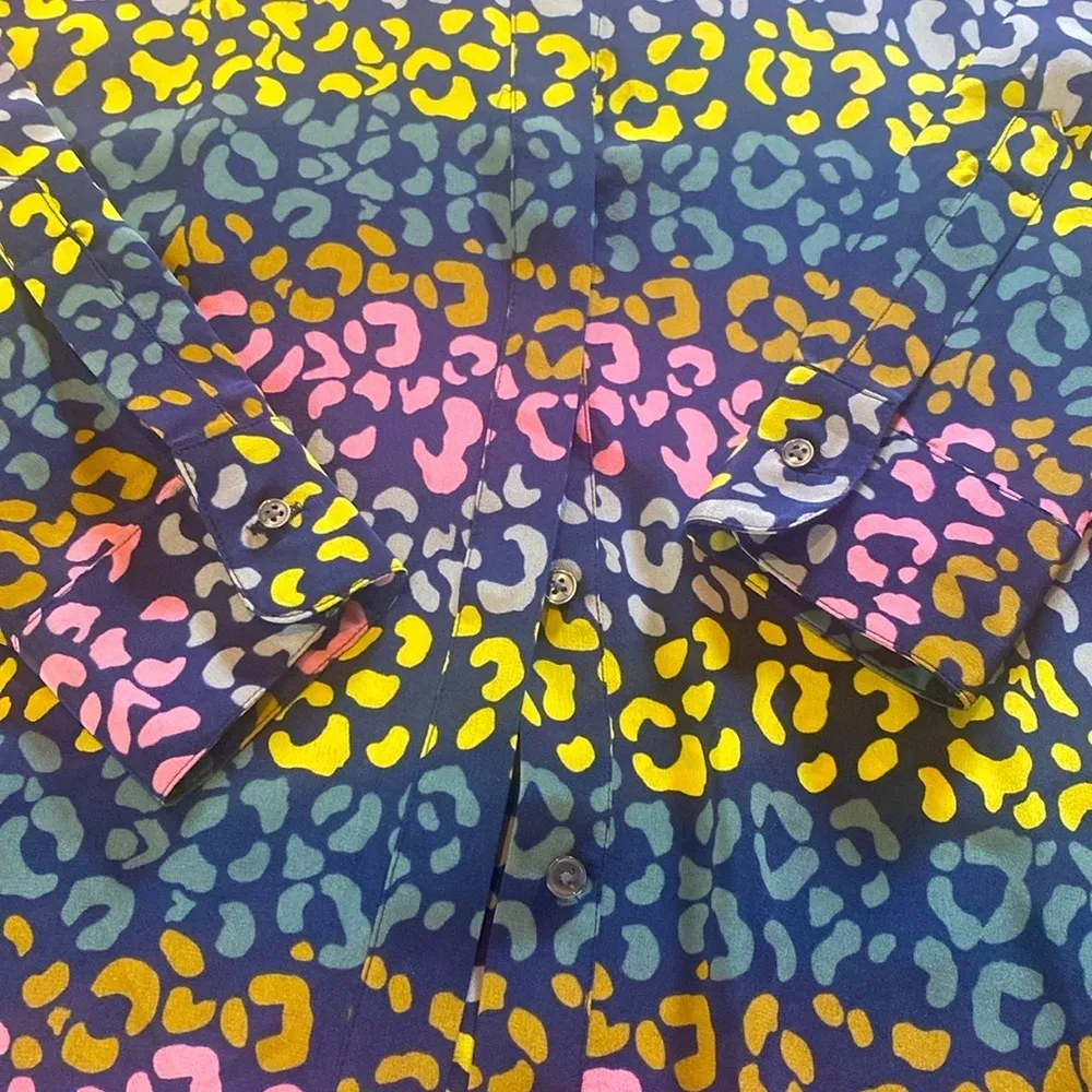 BODEN Silk Button Down Shirt Rainbow Geo Animal AOP Navy Yellow Pink Gray M Blue Size M - Image 3