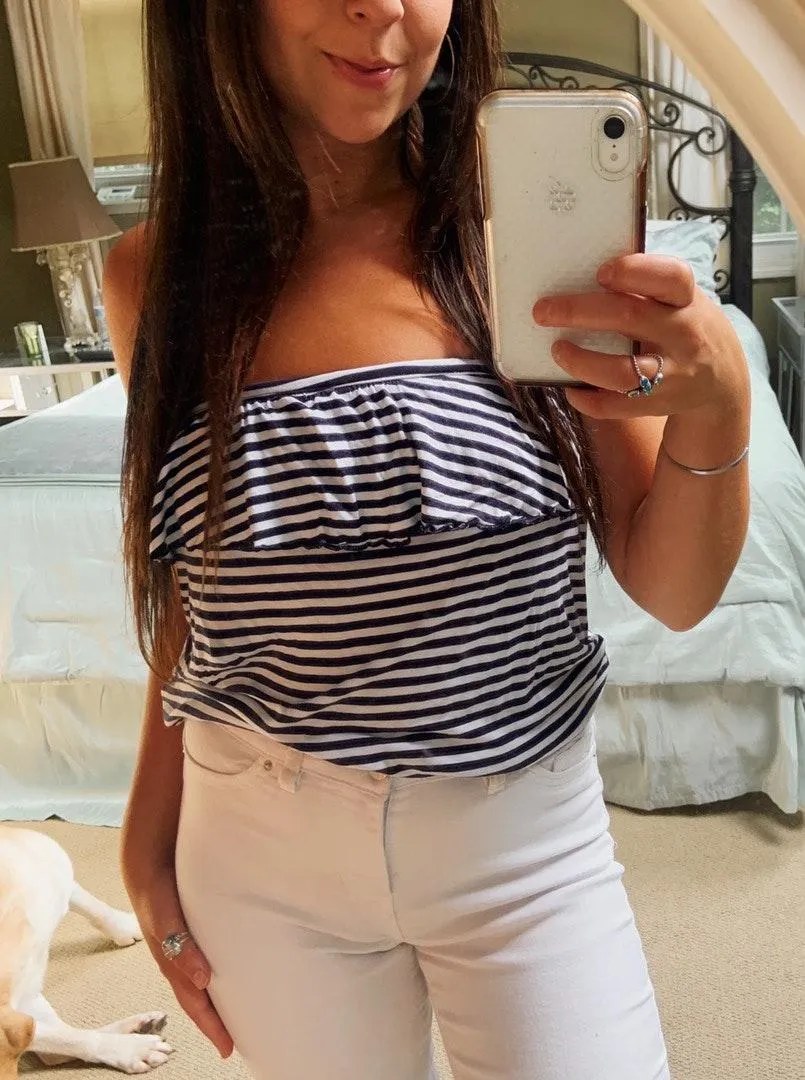 White And Navy Blue Striped Strapless Flowy Tank top  - Image 2