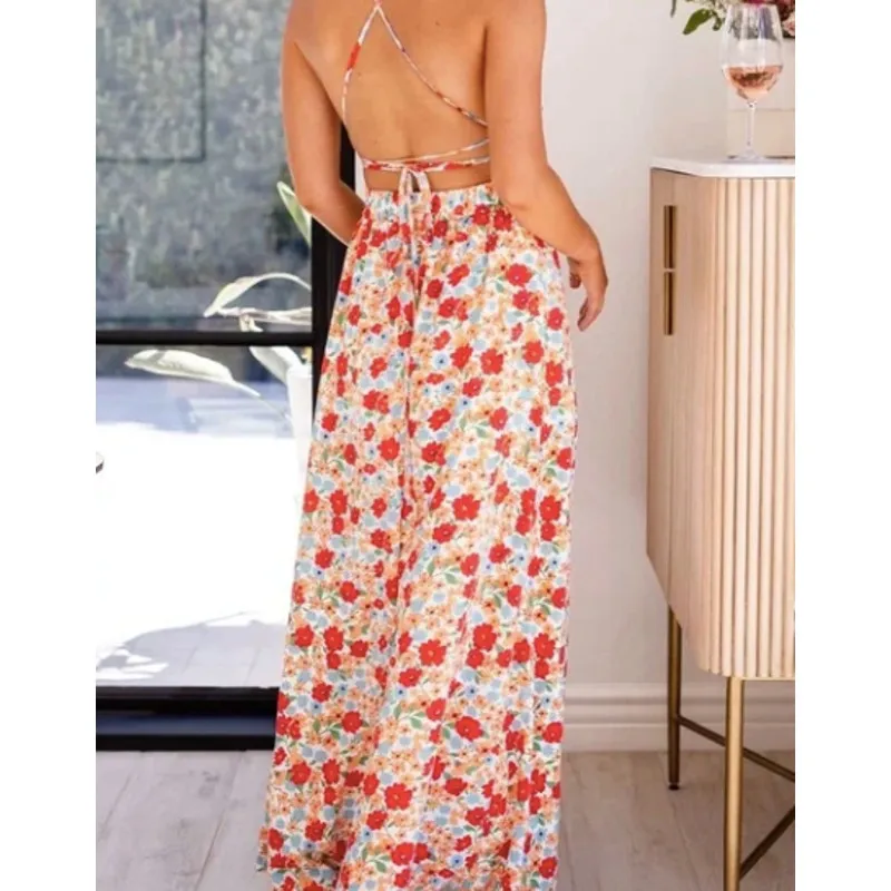 Priceless Floral‎ Print Maxi Dress Halter Neck Cutout Back Tie Waist Summer - Image 5