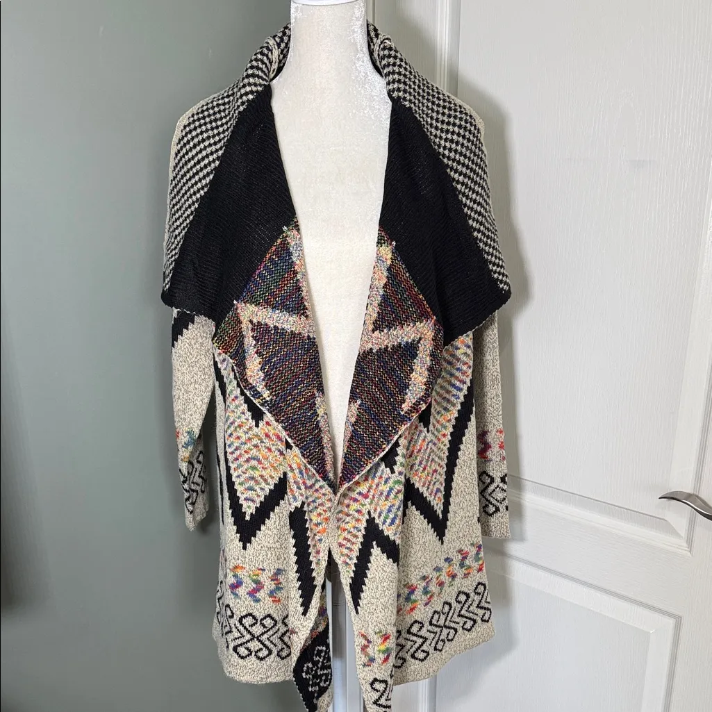 Adora Open Front Cardigan Sweater Jacket Black Beige Aztec Boho Tribal Size M Size M - Image 2