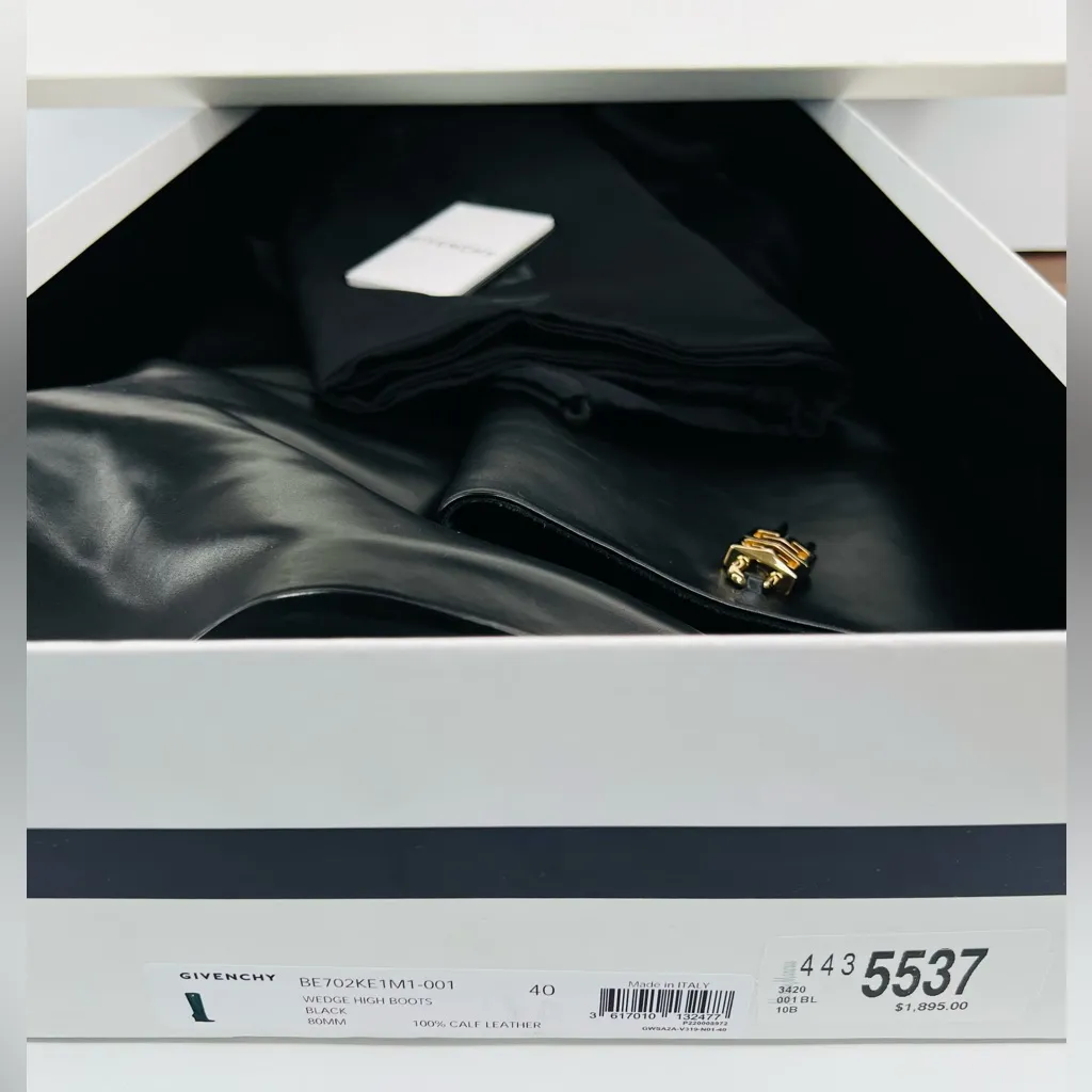 GIVENCHY G-Lock Black Leather Knee Hight Wedge Heel Padlock Boots Size EU 40 - Image 4
