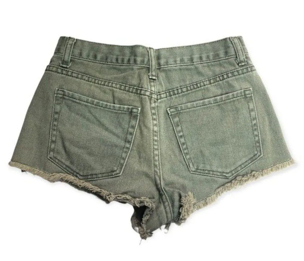 Forever 21 Distressed High Rise Raw Hem Olive Green Denim Shorts - Image 2