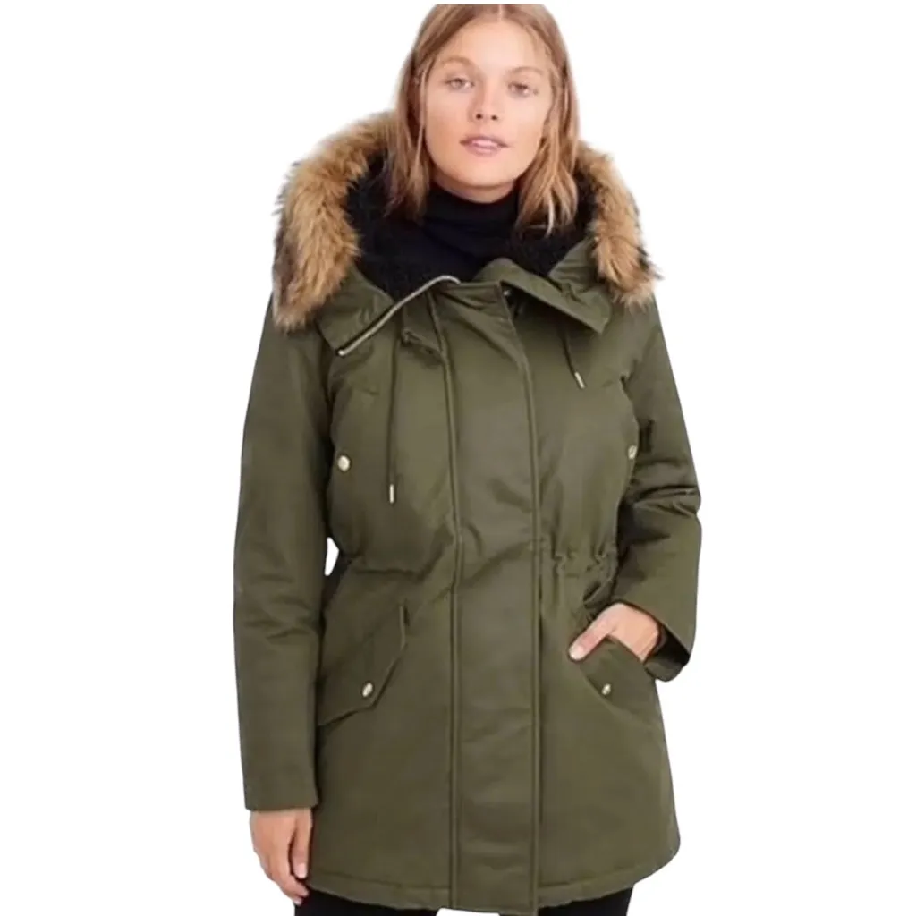 J.Crew Olive Green Utility Parka Petite XS Faux Fur Hood PrimaLoft Jacket EUC - Image 5