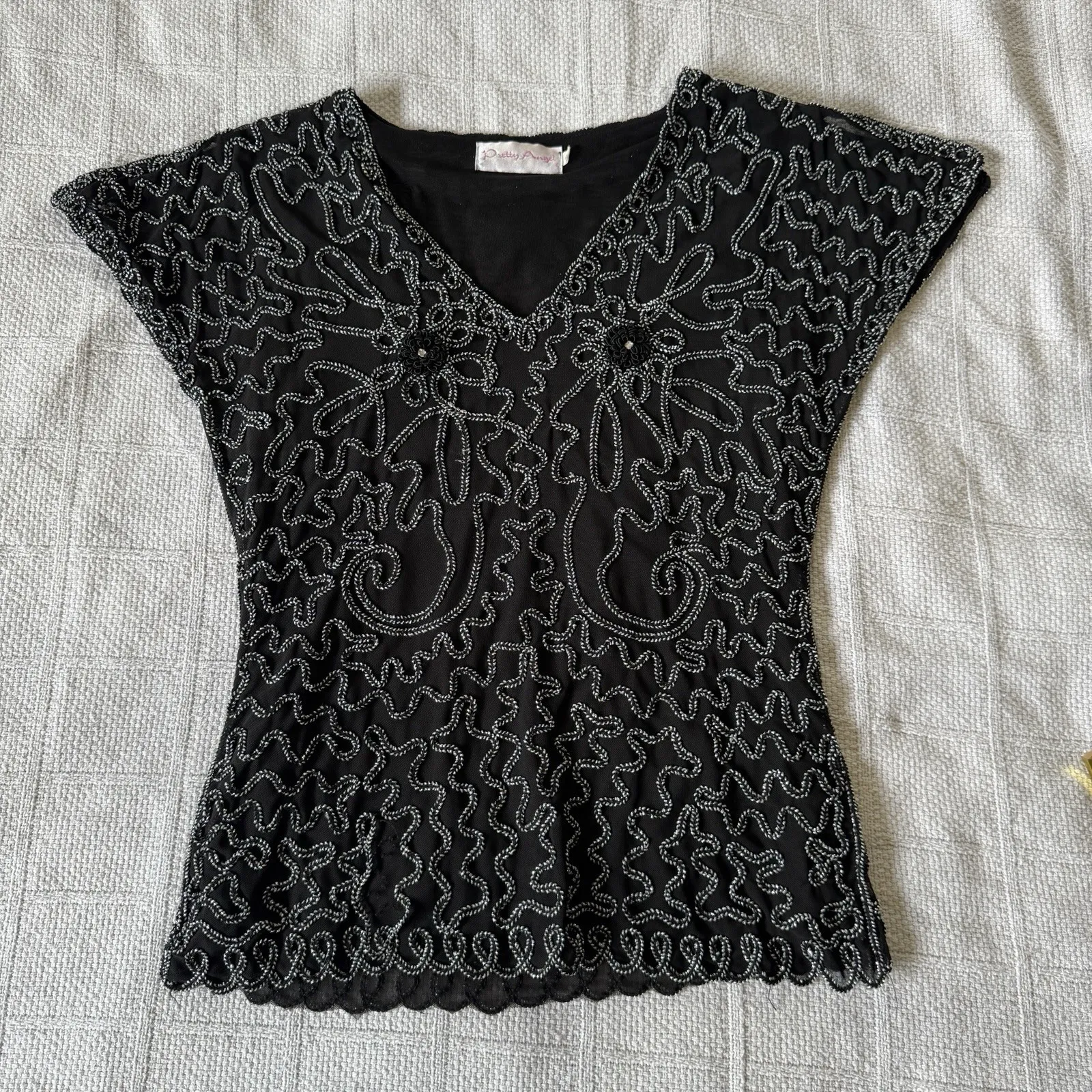 Pretty Angel Mesh Lined Black Silk‎ Blend V Neck Top M Fairy Y2K Witchy - Image 2