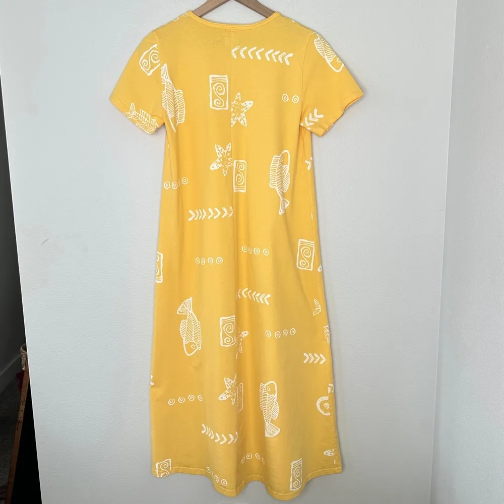 Vintage USA MADE Yellow Maxi Dress 100% Cotton Fish Print Sz S Jostar Coastal - Image 5