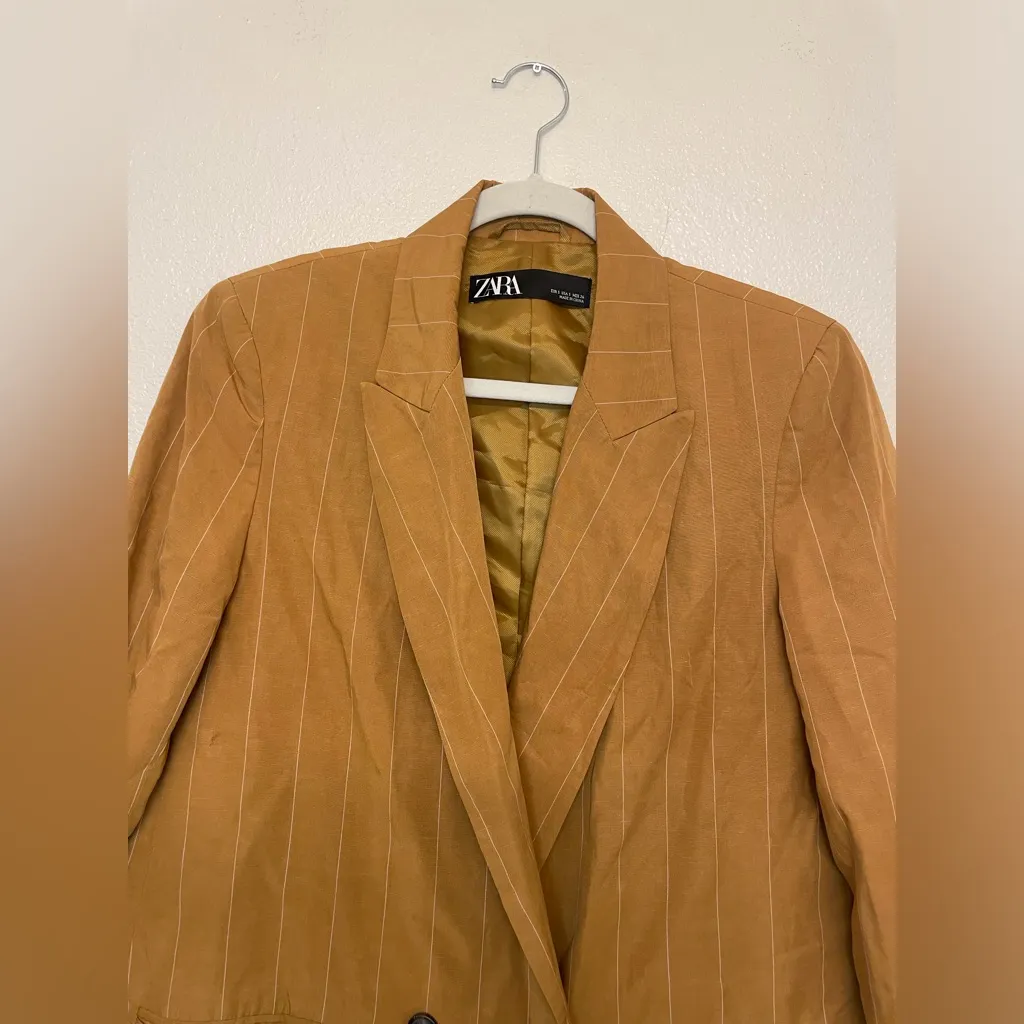 Zara Women’s Linen-blend Striped Blazer‎ Jacket in Mustard Yellow Size S - Image 3
