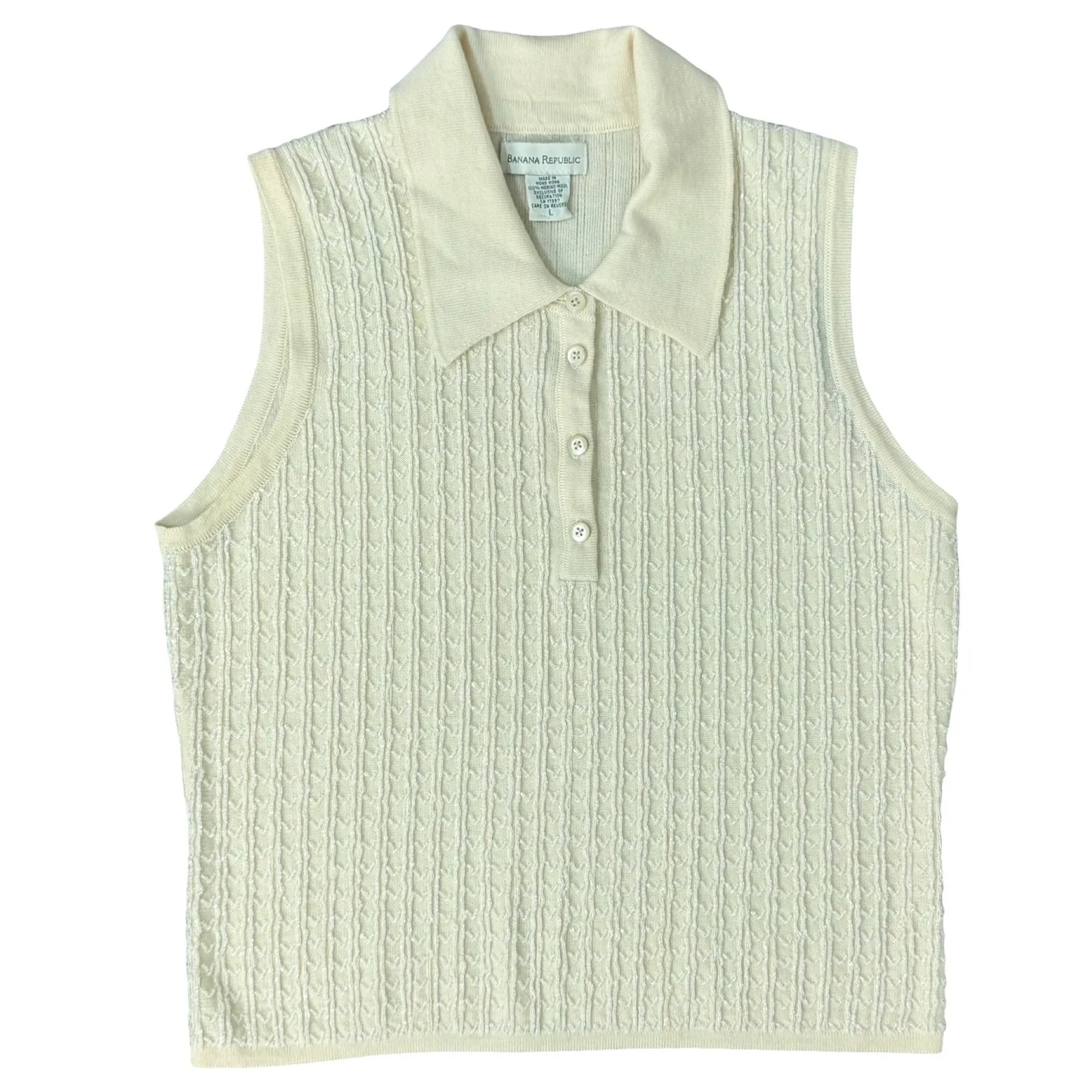 Vintage Banana Republic Cream Merino Wool Beaded Sleeveless Polo Sweater Tank L - Image 7