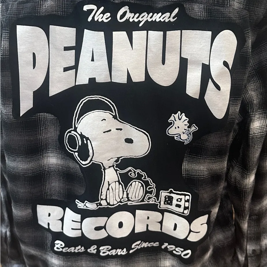 Snoopy Records Plaid Flannel Shirt XL Oversized Shacket Peanuts Woodstock Unique Black - Image 2