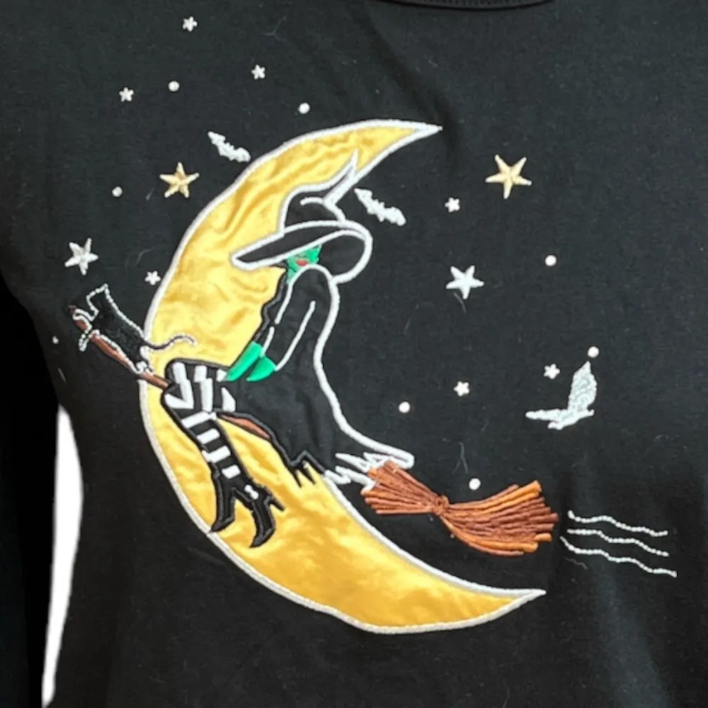 Pappagallo Witch on Broomstick Sitting on the Moon Long Sleeve Shirt Black Small - Image 3