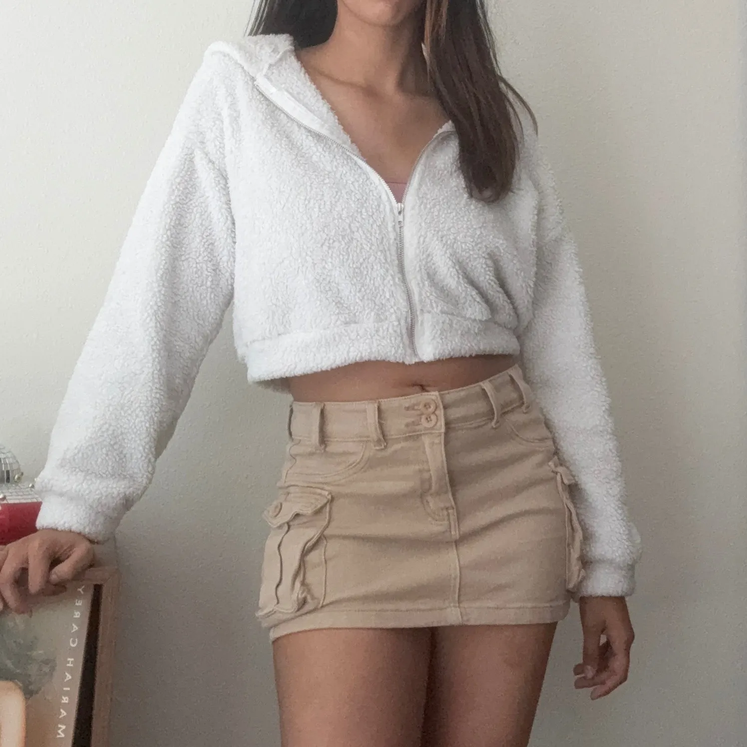 White Fuzzy Cropped‎ Hoodie Full Zip Up Sweatshirt Jacket - Image 2