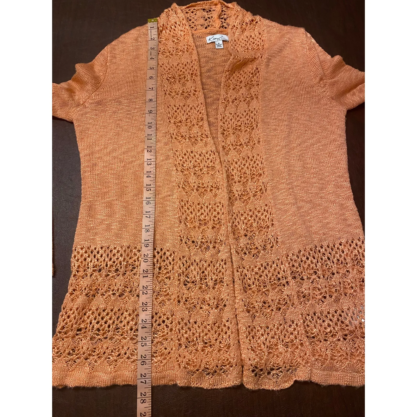 Kim Rogers Peach Open Front Cardigan Pointelle Knit Trim Sweater Medium Coastal - Image 6