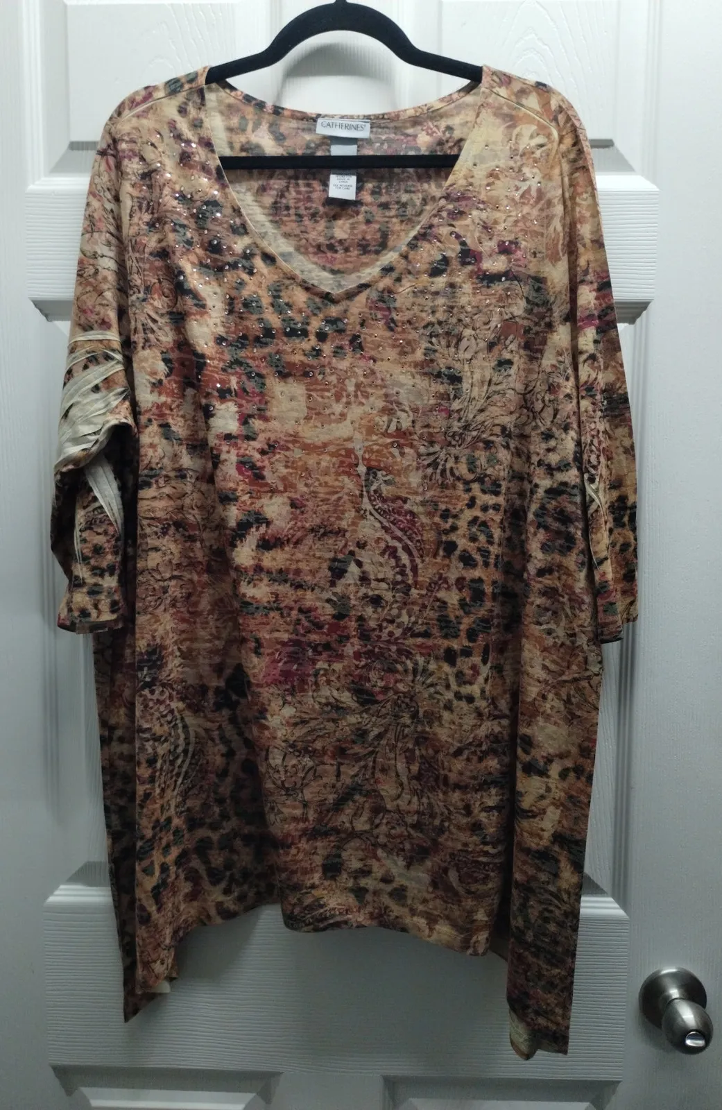 Catherines Size 18/20W (1X) Brown Animal Abstract Embellished Asymmetric Hem Top - Image 1