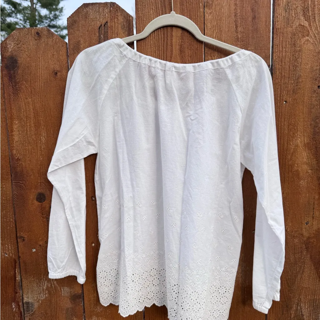 J. Crew White Eyelet Blouse Scalloped Hem 100% Cotton - Image 2