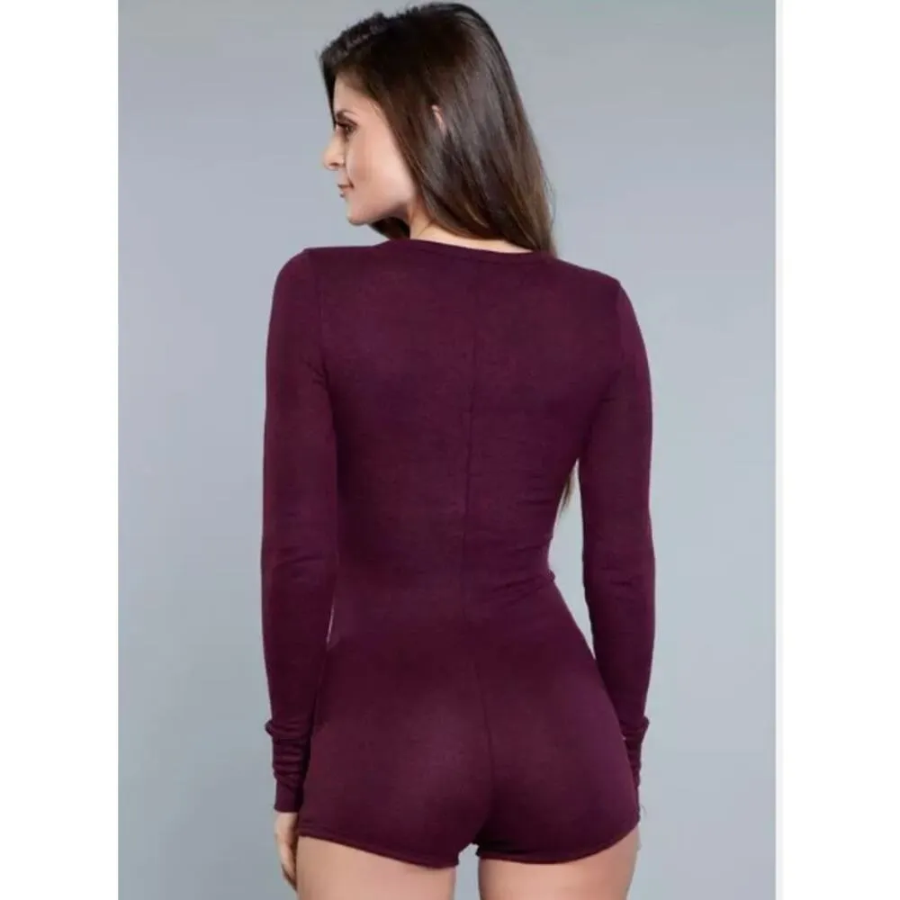 Be Wicked Deep Burgundy Long Sleeve Romper Loungewear Shorts Sleepwear Comfy 2X Purple Size undefined - Image 3