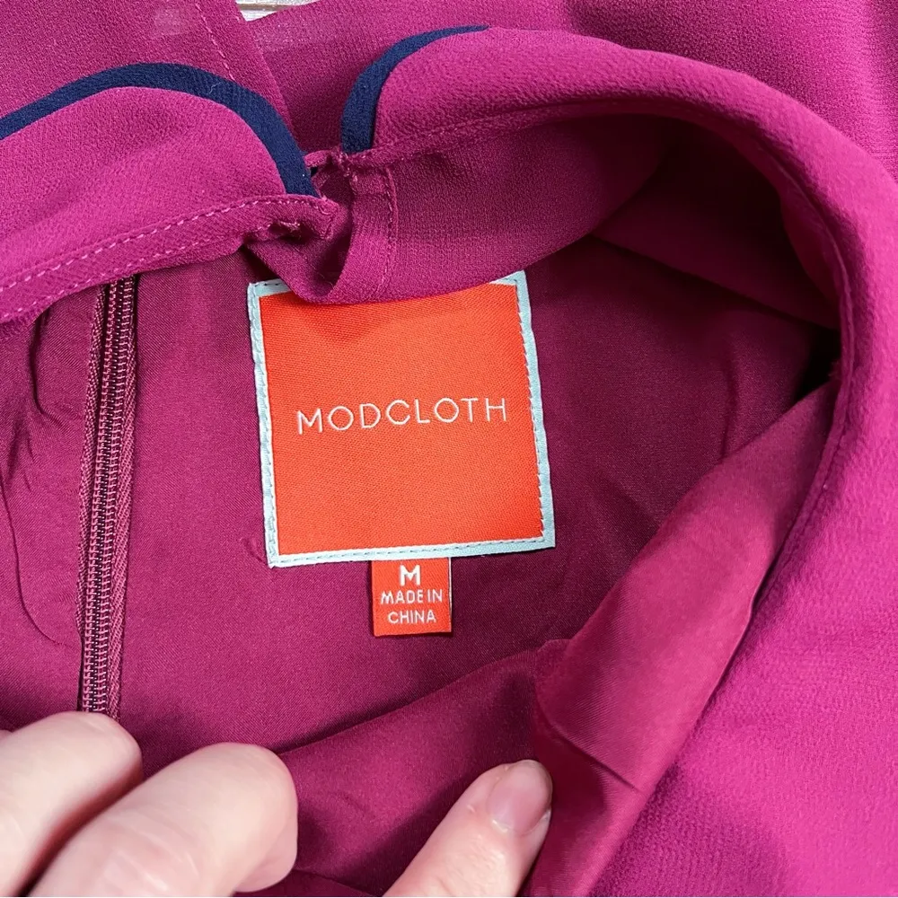 ModCloth • Pretty Performative Dress chiffon fit & flare maroon embroidered folk - Image 4