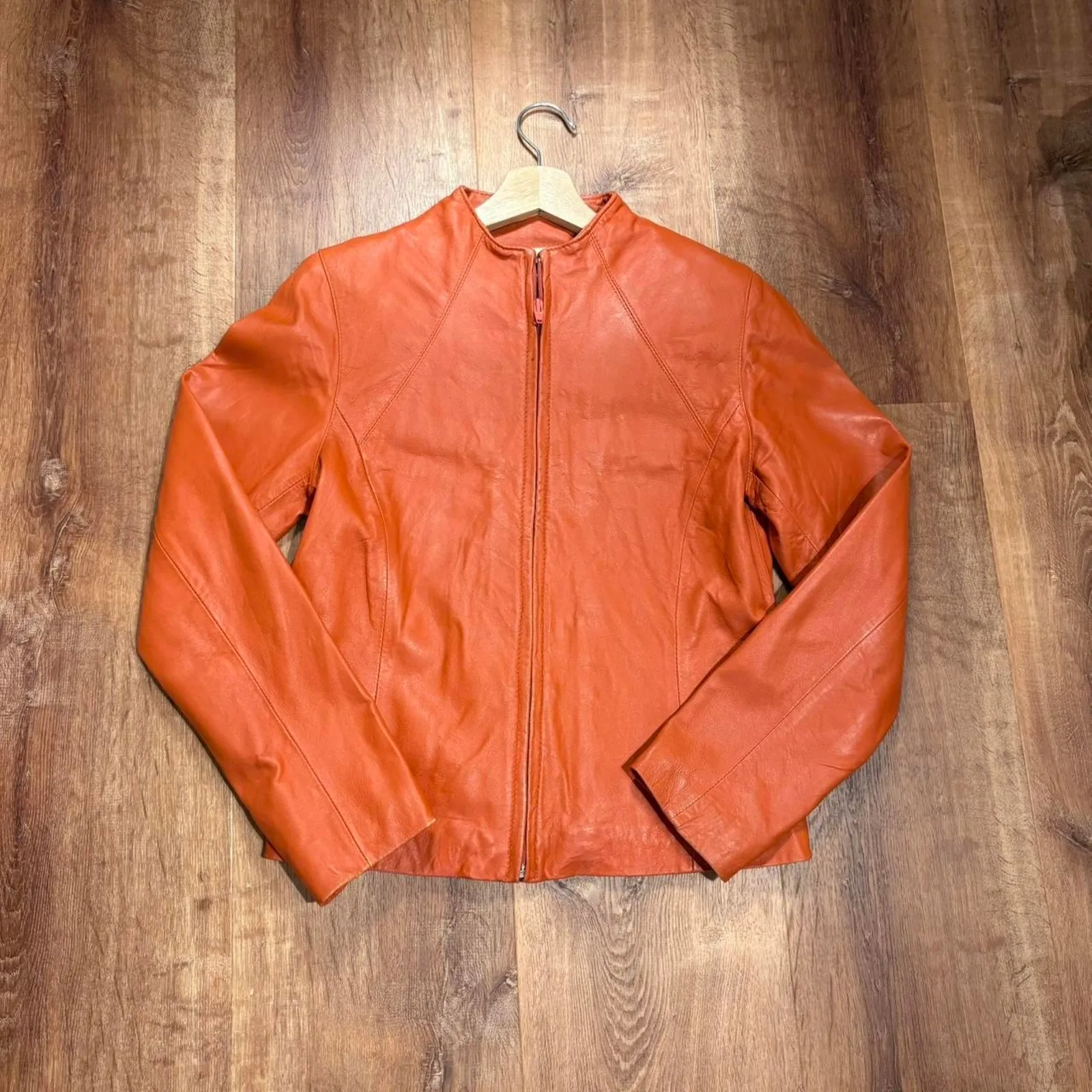 Orange leather moto jacket Size 4 - Image 2