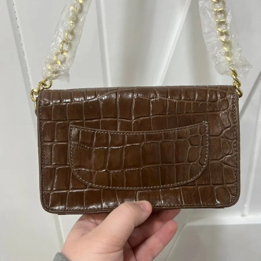 Isaac Mizrahi Womens Crossbody Bag Brown Croc Leather Flap Chain NEW - Image 7