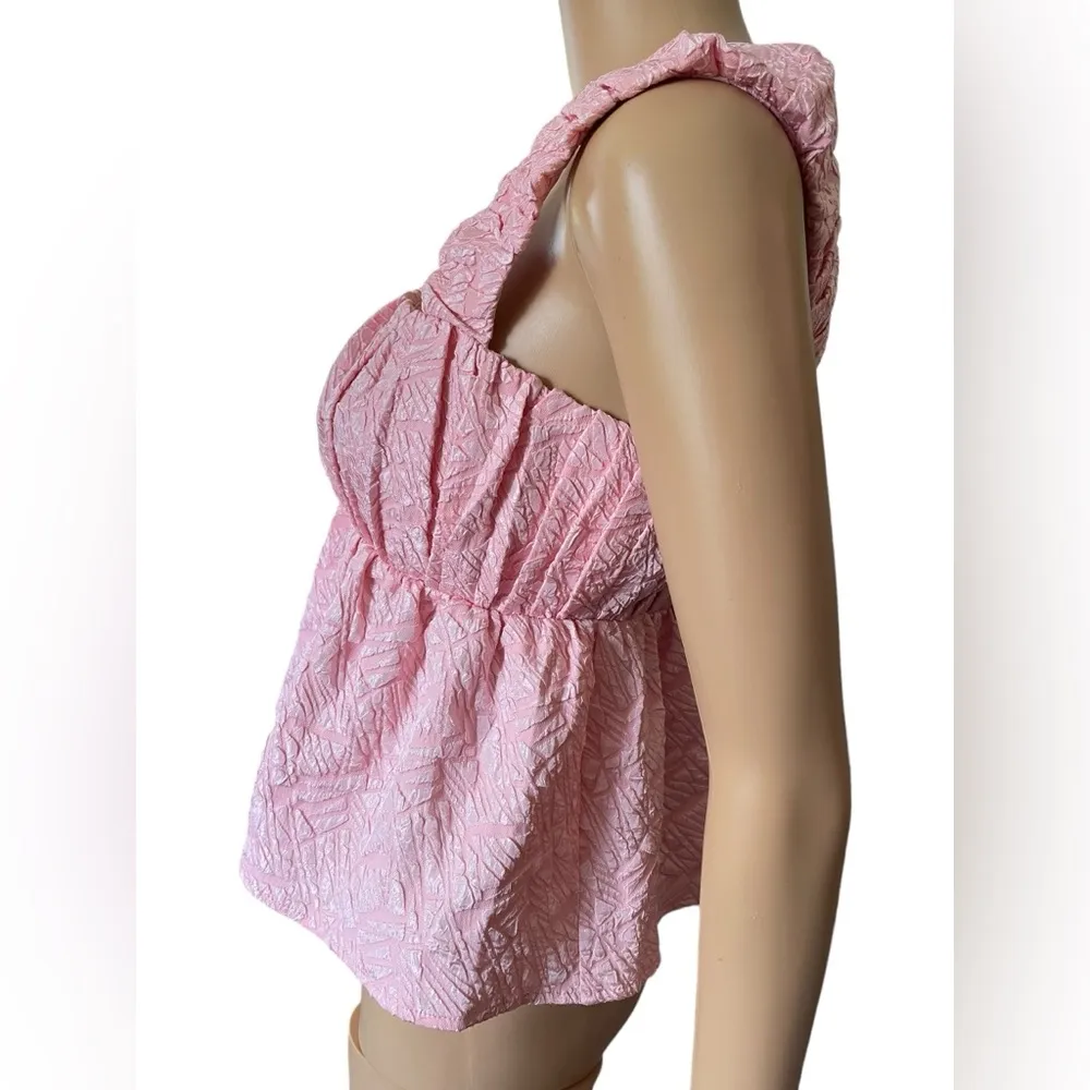 NEW Entro Pink Preppy Barbie Textured Pleated Babydoll Crop Top - Image 4