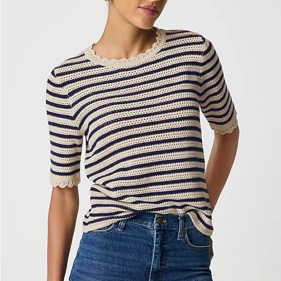 J.Crew Striped Short-sleeve Pointelle Sweater Preppy Crochet Blue Ivory NWT XXL - Image 8