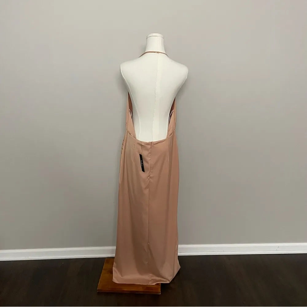 Lulus Dress Maxi Its Fate Satin Sleeveless Halter Party Cocktail Nude Neutral - Image 6