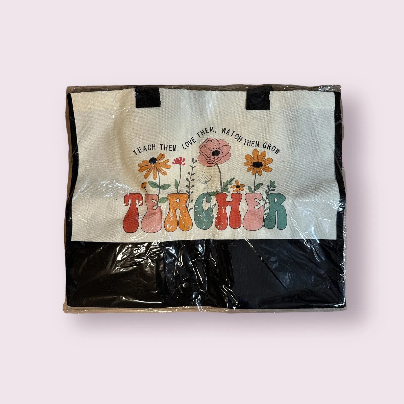 Teacher Tote Bag‎ Floral "Teach Them Love Them Watch Them Grow" Graphic Canvas White - Image 2