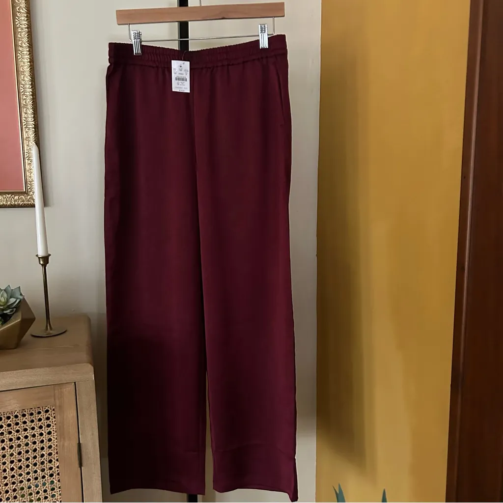 J.Crew Shiny Crinkled Pull-on Pants Wide Leg Burgundy Red NWT $118 Size M FLAW* - Image 4