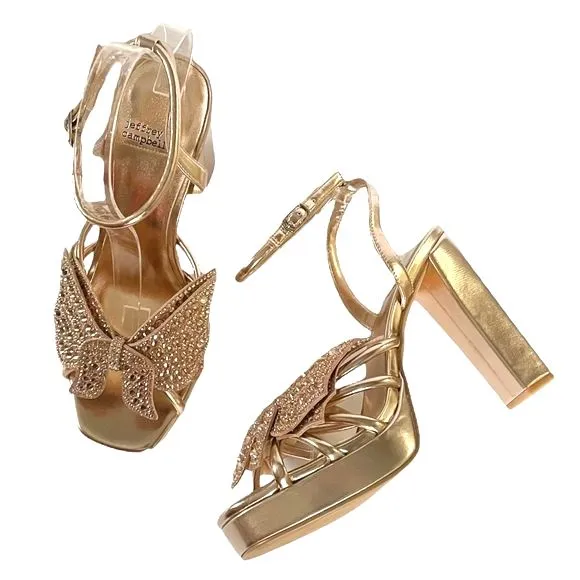 Jeffrey Campbell Platform Sandal Gold Metallic Fantasies Rhinestone Bow Size 8 - Image 3