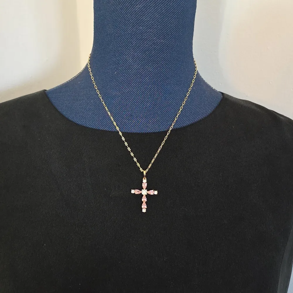 Gold Chain Necklace with Pink Crystal Cross Charm Pendant - Image 9