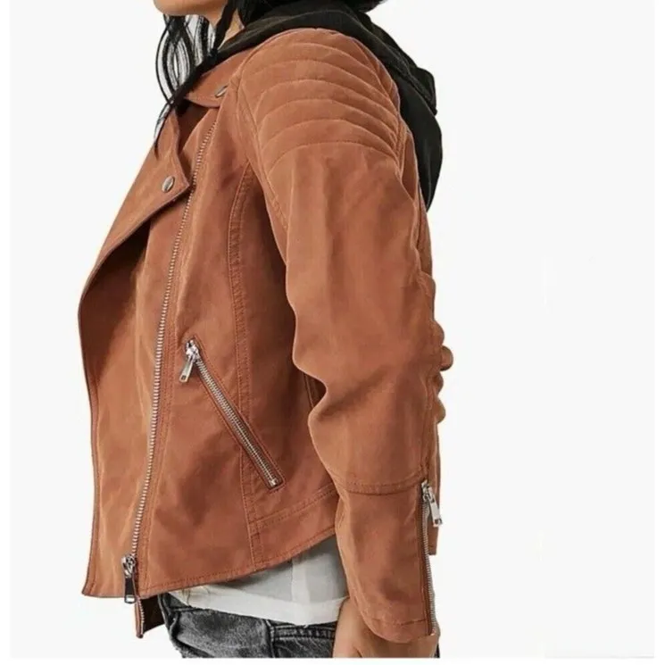 We The Free People Women’s Medium black Hood Tan Camel Vegan Leather Moto Jacket - Image 7
