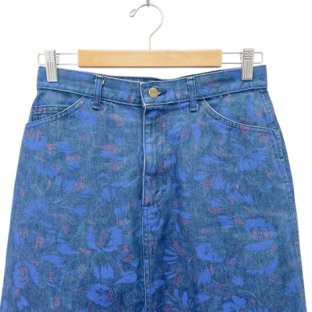 Vintage Lee Denim Skirt Size Small High Waist Floral Print Midi USA Made Blue - Image 6