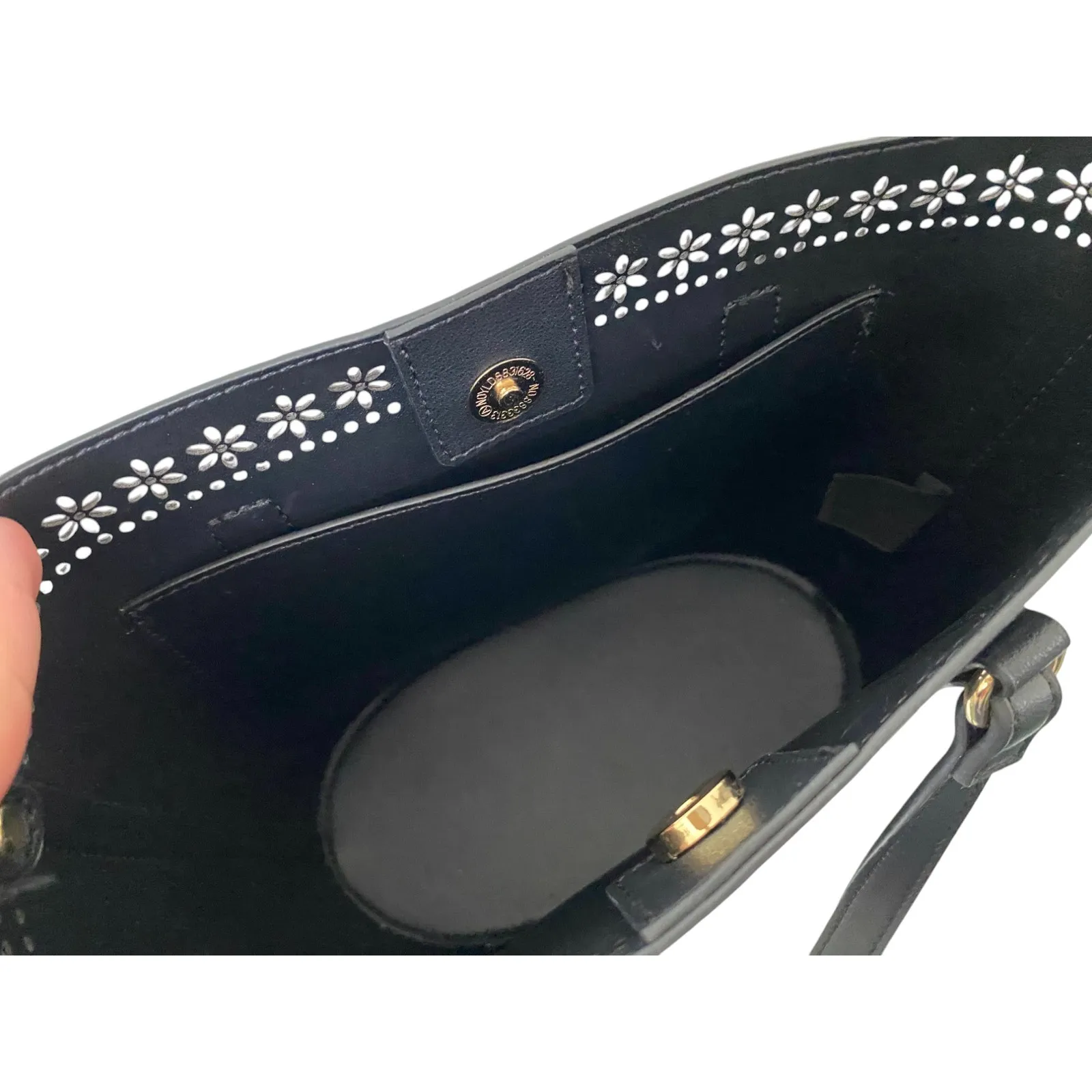 Nanette Lepore Black Satchel Bucket Bag Laser Flower Cut Out-Crossbody/Shoulder - Image 3