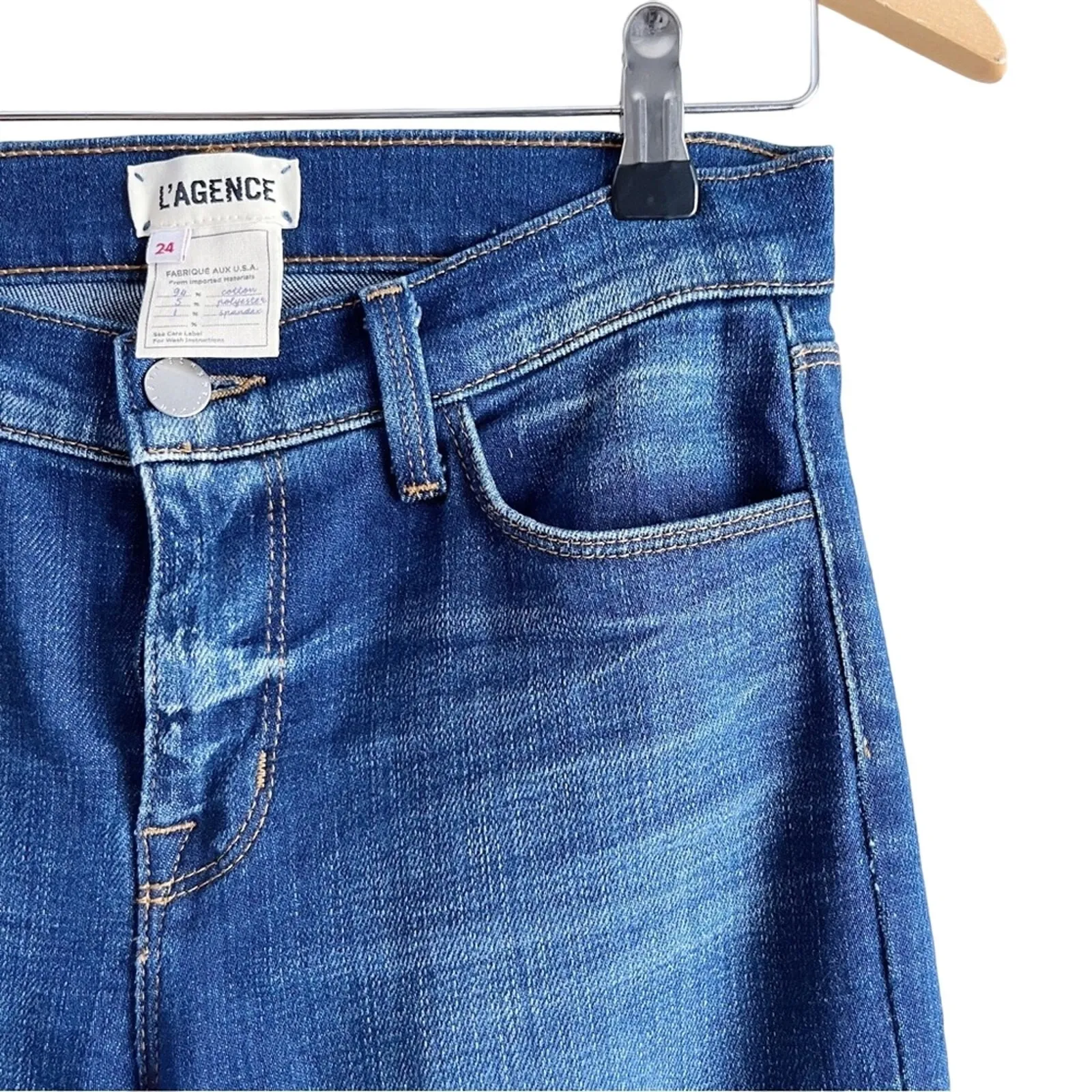 L'Agence Size 24 Rachel Slim Mid-Rise Jeans Distressed Diamond Destruct Blue - Image 7