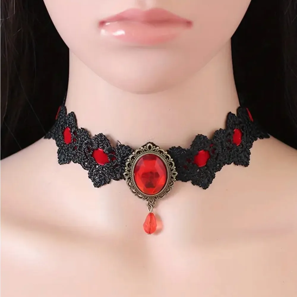Black/Red Lace Necklace Collar Choker‎ Retro Style Cosplay Fashion Jewelry Black - Image 3