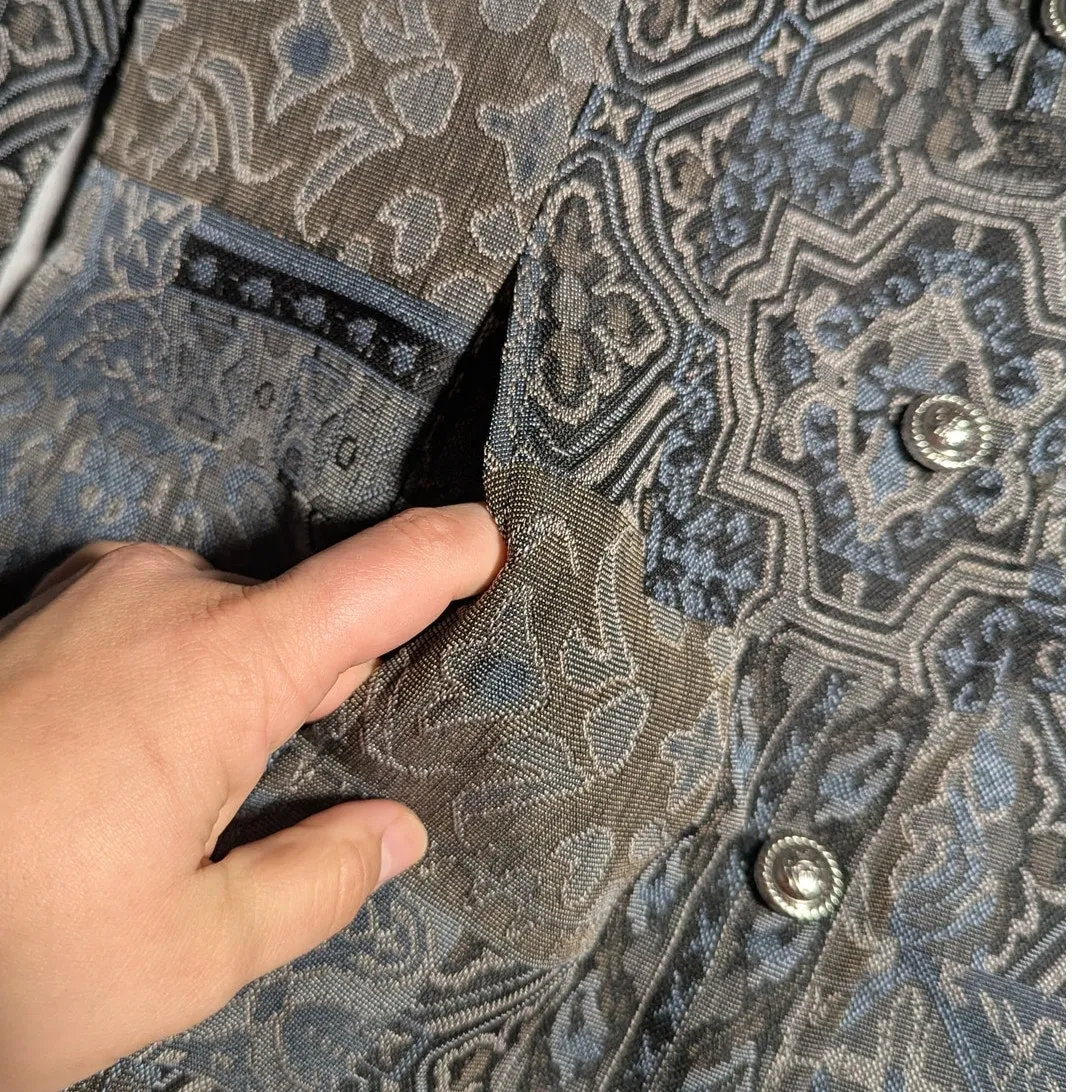 Vtg 1990s Tudor Court Gray Blue Floral Tapestry Mandarin Collar Jacket Sz L Size L - Image 3