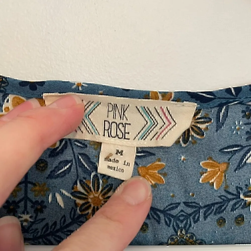 PINK ROSE Blue Mustard Navy Floral Chevron 3/4 Sleeve Roll Tab Sleeve Blouse Top - Image 4