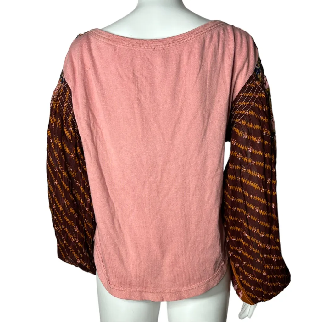 Free‎ People Women’s Light Magic Henley Top Balloon Sleeve Pink Multicolor FLAW - Image 4